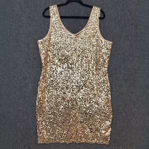 Sequin Dress Gold 3XL Curvy V-Neck Sleeveless Cocktail Party Prom Club